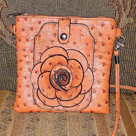 Jouel Handbags - Jouel Orange Faux Ostrich Leather Rosette Clutch/Crossbody Bag